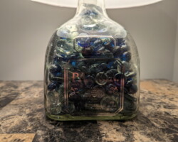 The lamp I made for my son, filled with glass pieces for weight.